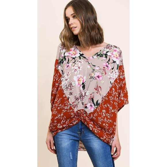 New UMGEE S M Multi-Floral Dolman Sleeve V-Neck Top Center Knot Oversized - Picture 1 of 4